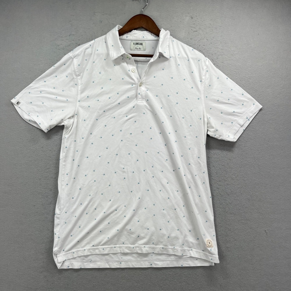 Linksoul Polo Shirt Mens Large White Palm Tree Tempus Fugit Golf Casual Preppy